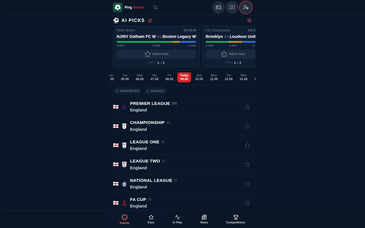 PingScores Live Scores Dashboard